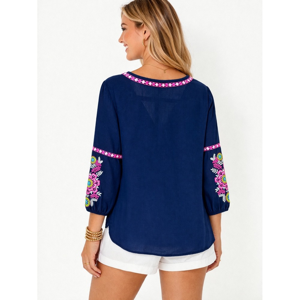 Lilly Pulitzer Coretta Embroidered Tunic Top Blue Pink Long Sleeve Women's XL - Picture 2 of 8